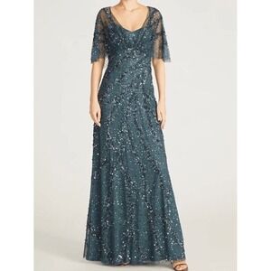 Theia Lavinia Beaded Capelet Gown Sequin V Neck Blue Size 4